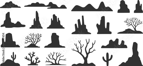 Desert landscape silhouette collection featuring rocks, mesas, cacti, and barren trees isolated on dark background for western scenery and nature design