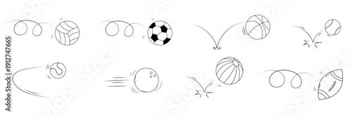 Mixed sport balls bounce line set with soccer basketball tennis and rugby. Hand drawn curved trajectories, rebound effects and playful motion. Doodle vector illustration for dynamic sport graphics.