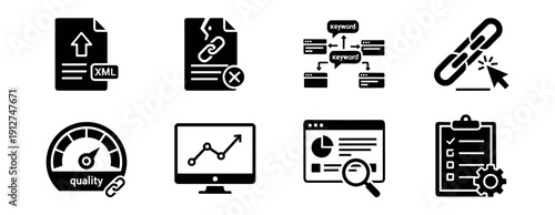 SEO and Web Analytics Monochrome Icons Set