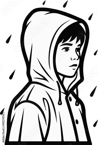 A person wearing a hooded raincoat stands in the rain