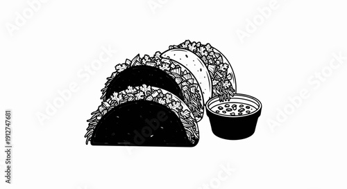 A line-art illustration of three filled tacos and a bowl of sauce