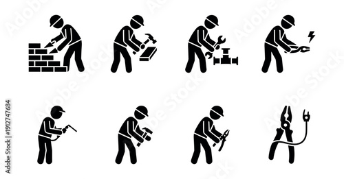 Construction and Maintenance Workers Silhouette Icons Set