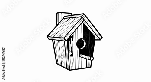 A simple black and white illustration of a wooden birdhouse with a circular entrance