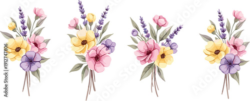 Pastel Wildflower Bouquet Set with Yellow Pink and Purple Blossoms Botanical Floral Vector Illustration Collection