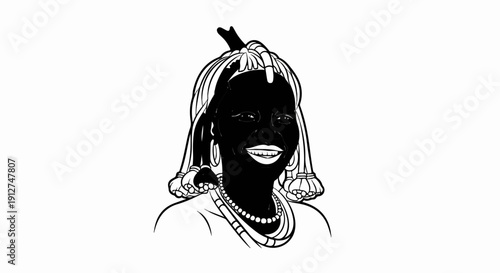 A person with dark skin, white teeth, and decorative beads around their neck