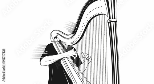 A person's hands playing a harp, illustrated with black and white lines