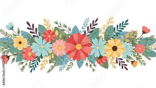 Long horizontal floral arrangement with a variety of colorful blossoms and green leaves for a decorative border or divider.
