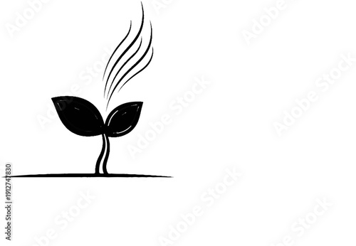 A simple black and white ink drawing of a sprouting seedling with wisps of smoke