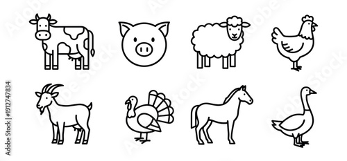 Farm animals simple line drawings set