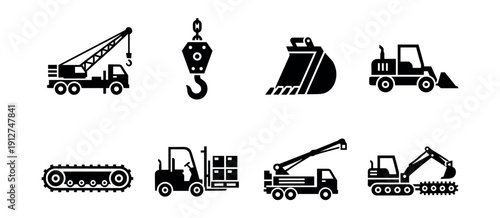 Construction and industrial vehicles and equipment icons set