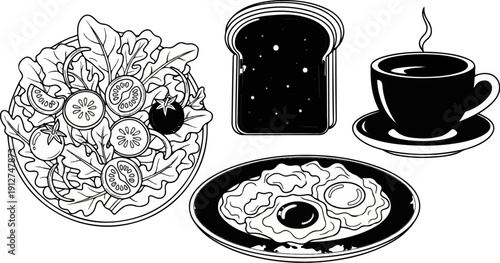 A simple breakfast spread with salad, toast with jam, fried eggs, and coffee