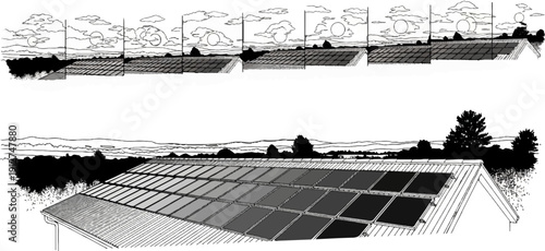 A line-art drawing depicts solar panels on a roof under a sky with clouds and sun