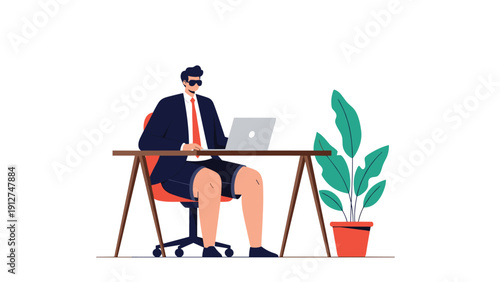 Modern man working from home wearing a formal suit jacket with shorts while sitting at a desk with his laptop computer.
