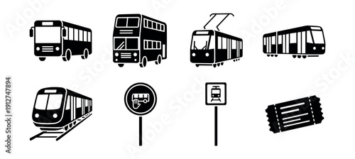 Public transportation black and white icons set