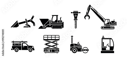 Construction vehicles and equipment silhouette icons set