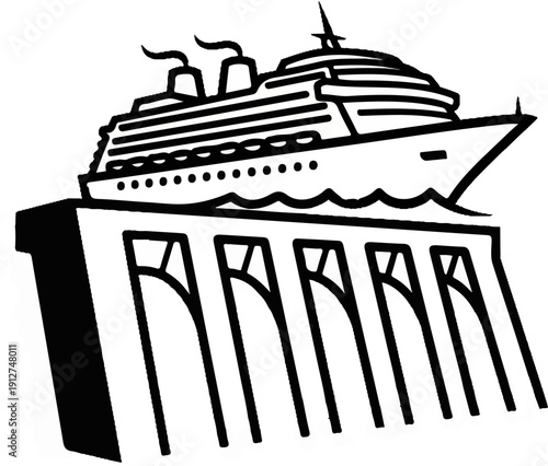 A liner ship docks at a pier with arched openings