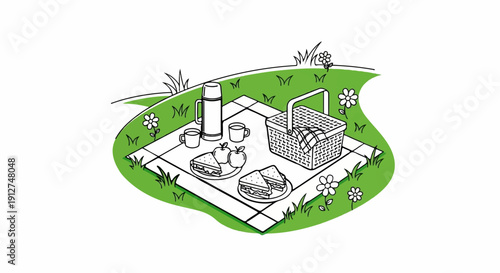 A picnic spread on a blanket with sandwiches, apples, cups, and a basket