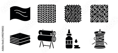 Textiles and fabric materials black and white icons set