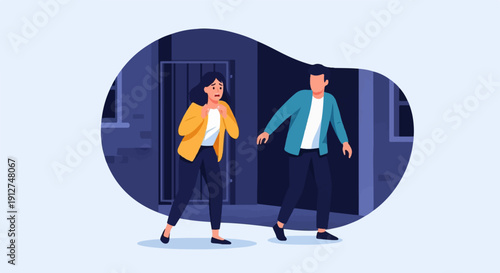 A scared woman and a man cautiously walking away at night