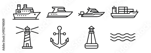 Maritime and nautical line art icons set