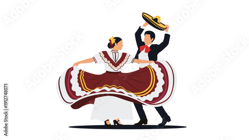 Mexican couple dressed in traditional costume performing a folk dance with the woman swirling her wide skirt and the man dancing.