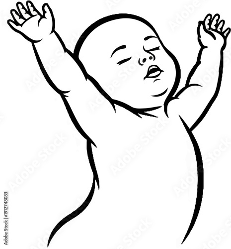 A simplified black and white line drawing of a baby with its arms raised and eyes closed