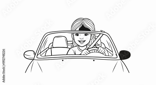 A smiling person wearing a seatbelt drives a car