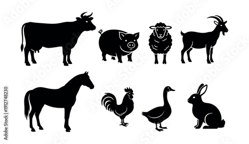 Farm animals black silhouettes set