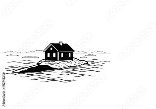 A lone dwelling sits on a rocky outcrop surrounded by gentle waves