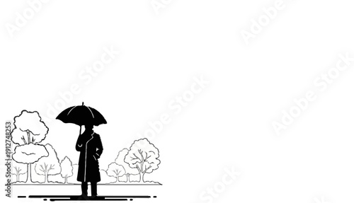 A lone figure holding an umbrella stands amidst sketched trees in a park setting