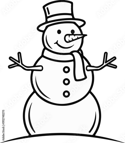 A smiling snowman with twig arms, wearing a hat and scarf, stands cheerfully