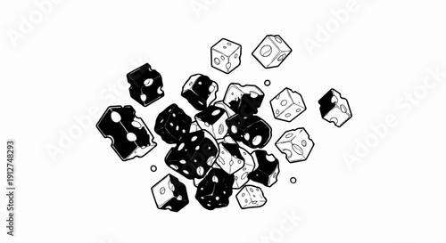 A scattered pile of black and white dice-shaped cheese pieces