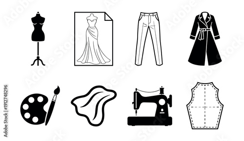 Fashion design and tailoring icons set