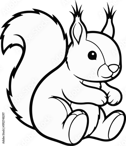 A simple black and white line drawing of a cute squirrel sitting