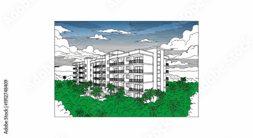 A multi-story apartment building surrounded by lush green trees and palm trees