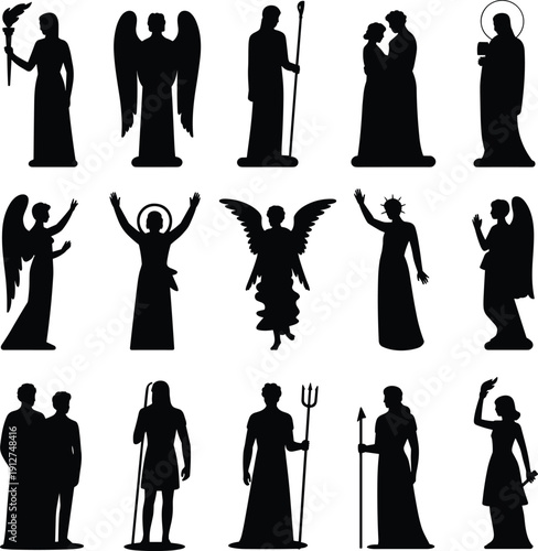 Religious and mythological figure silhouettes with angels, saints, and classical characters isolated on white background, black vector illustration set for spiritual design