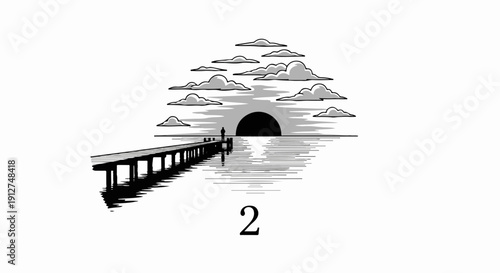 A lone figure stands on a pier at sunset, with stylized clouds above