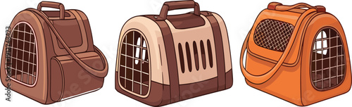 Portable pet carrier bags set with travel animal transport boxes modern vector illustration isolated collection
