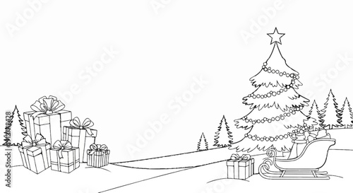 A snowy scene with gifts piled high and a sleigh near a decorated Christmas tree