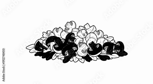 A pile of black and white mushrooms, some sliced