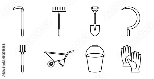 Gardening and farming tools line drawings set
