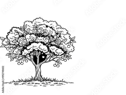 A solitary cherry tree laden with fruit stands tall in a grassy patch