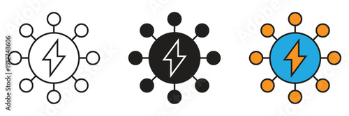 Energy Distribution Icon Vector. Vector illustration of a central energy power hub distributing electricity through multiple connected network points.
