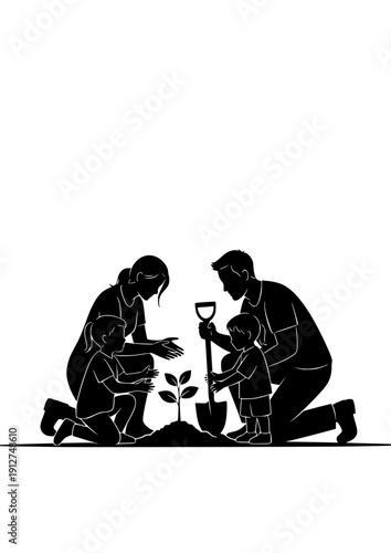 family planting tree seedling silhouette eco friendly nature conservation black vector illustration