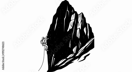 A solitary climber scales a rugged, dark mountain face with a rope