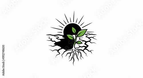 A lone sapling sprouts from dry, cracked earth under a dark sun
