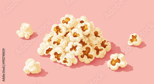 A pile of popcorn with scattered kernels on a pink background