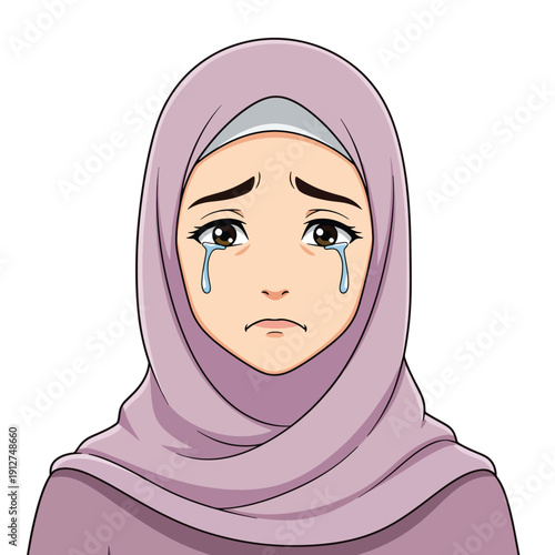 Illustration of sad muslim woman crying, wearing hijab, expressing sorrow or grief with tears streaming down her face