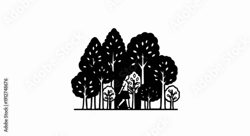 A solitary figure walks through a stylized black and white forest scene