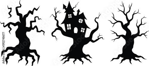 Haunted tree silhouettes with spooky house, twisted branches, scary forest shapes, Halloween horror gothic black vector illustration set